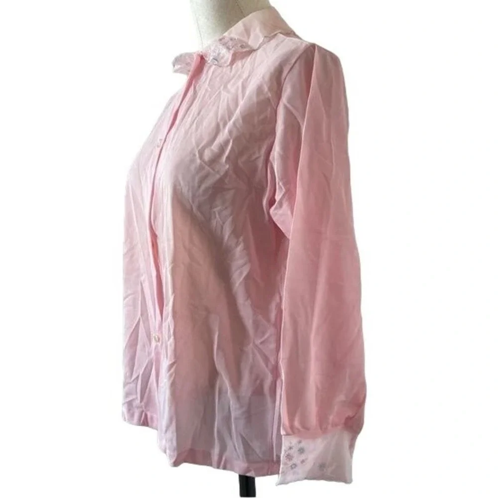Vintage 60s Blouse Sleep Shirt Blush Pink Nylon Semi Sheer Top Floral Hems Sz 36 - Picture 5 of 11